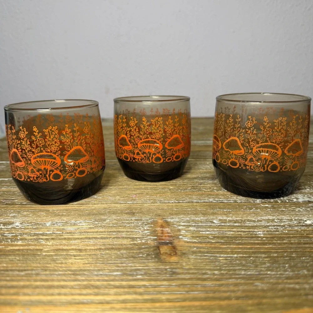 Vintage Mushroom Fairycore Lowball Glasses Set 3 Amber Orange Cottagecore Floral